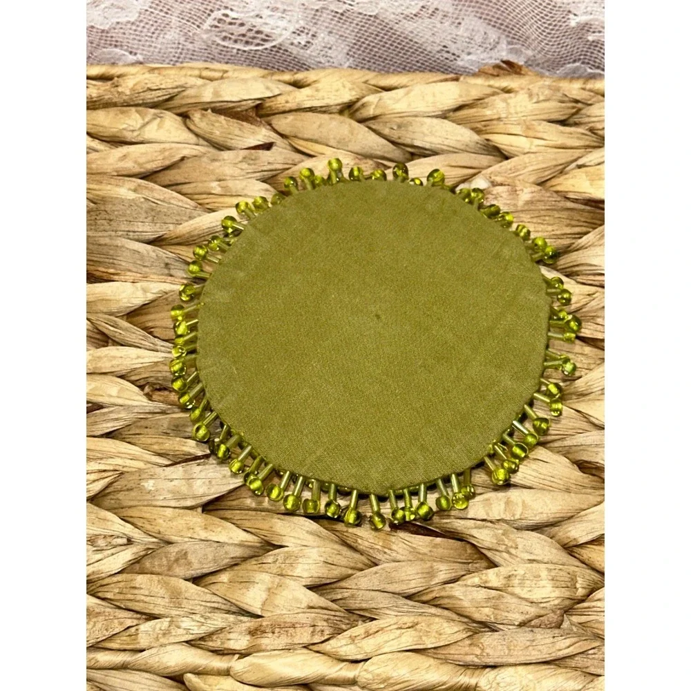 Pier 1 inspired set of 6 Olive Green Beaded Coasters Round‎ Handmade  Boho Chic